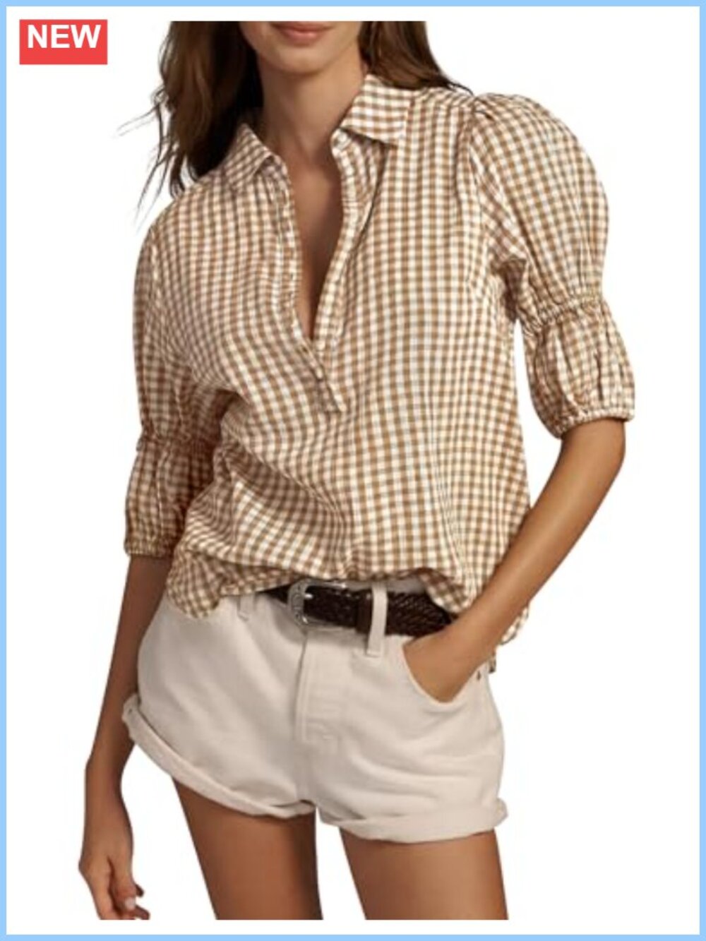 Women's Puff Short Sleeve Button Down Blouse V-Neck Office Top